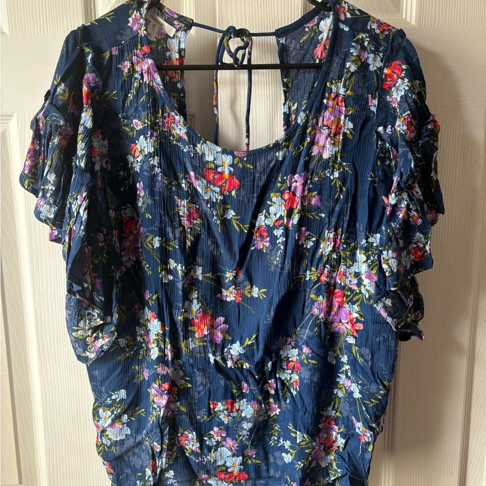 Maurices Navy Floral Blouse with Ruffle Sleeves